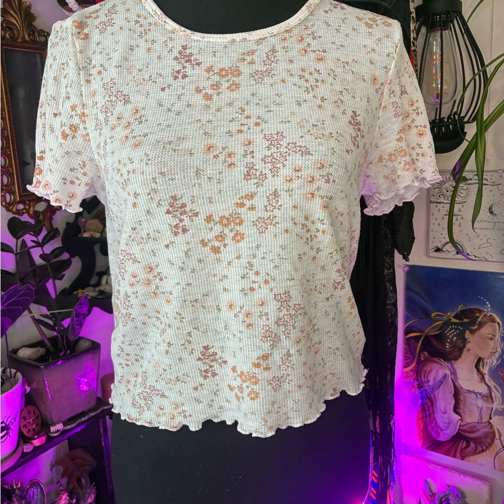 American Eagle Cream Crop T-Shirt with Ruffled Short Sleeves